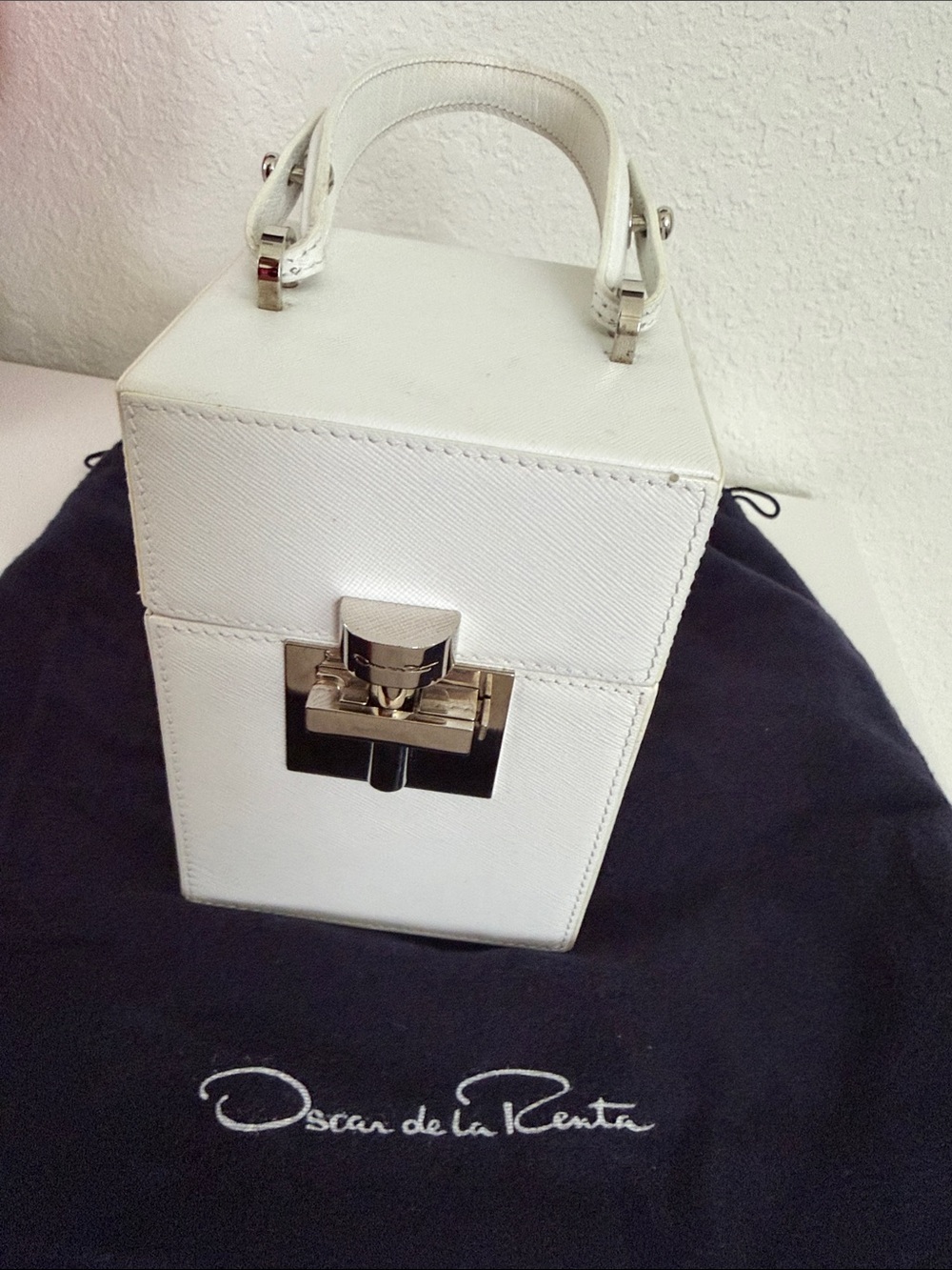Oscar de la Renta White Box-Style Top Handle Mini Bag with Silver Hardware